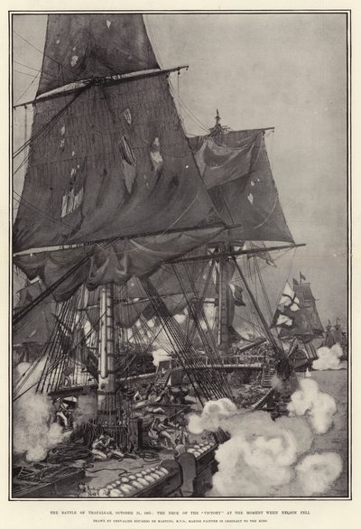 1805年10月21日、ネルソンが落ちた瞬間の勝利のデッキ、トラファルガーの戦い 作： Eduardo de Martino